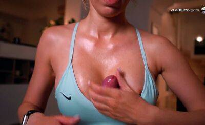 Ultra-hot sweaty fitness girl in sports bra gets my cum with her big tits! - Germany on badgirlnextdoor.com