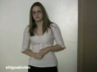 Ugly pale nerd in glasses Amy kneels down to suck a tasty cock for gooey cum on badgirlnextdoor.com